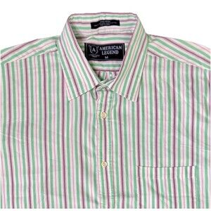 Men’s Striped Button Down Shirt Green Pink Preppy Long‎ Sleeve Size Medium